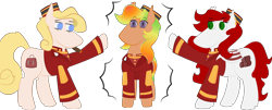 Size: 4426x1788 | Tagged: safe, artist:otl crafts, oc, oc only, oc:belle hop, oc:mangoes, oc:sarsaparilla surprise, bat pony, earth pony, pony, /mlptg/ the bannermanes, bat pony oc, bellhop pony, chubby, earth pony oc, fat, gradient mane, happy, presenting, simple background, transparent background, vector, vector trace