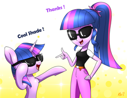 Size: 2436x1880 | Tagged: safe, artist:questionmarkdragon, sci-twi, twilight sparkle, alicorn, human, pony, equestria girls, g4, alternate clothes, female, mare, ponytail, self paradox, sunglasses