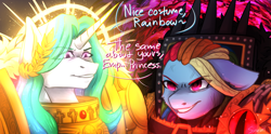 Size: 5008x2480 | Tagged: safe, artist:sinrinf, princess celestia, rainbow dash, alicorn, pegasus, pony, mlp fim's fourteenth anniversary, g4, clothes, comic, costume, emperor, nightmare night, nightmare night costume, speech bubble, warhammer (game), warhammer 40k