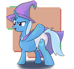 Size: 1241x1155 | Tagged: safe, artist:drasill, trixie, pony, unicorn, g4, cape, clothes, diaper, diaper fetish, female, fetish, hat, horn, mare, non-baby in diaper, passepartout, raised hoof, solo