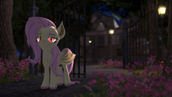 Size: 3840x2160 | Tagged: safe, artist:owlpirate, fluttershy, bat pony, pony, g4, 3d, 4k, bat ponified, building, fangs, female, flower, flutterbat, high res, lamppost, lidded eyes, looking at you, manor, mare, night, outdoors, race swap, smiling, smiling at you, solo, source filmmaker, unshorn fetlocks