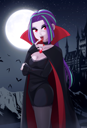 Size: 822x1200 | Tagged: safe, artist:riouku, aria blaze, bat, human, undead, vampire, equestria girls, g4, alternate hairstyle, bedroom eyes, blood, castle, choker, clothes, coat, costume, dress, eyeshadow, fangs, female, full moon, halloween, halloween costume, holiday, makeup, moon, nail polish, open mouth, outdoors, skirt, solo, stockings, thigh highs, tongue out