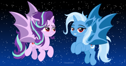 Size: 3435x1800 | Tagged: safe, artist:cloudy glow, starlight glimmer, trixie, bat pony, pony, g4, bat ponified, duo, duo female, female, glimbat, horn, lesbian, night, nightmare night, outdoors, race swap, ship:startrix, shipping, stars, trixiebat, vector, wings