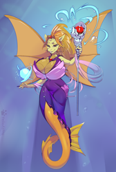 Size: 1752x2600 | Tagged: safe, artist:yelloastra, part of a set, adagio dazzle, siren, anthro, g4, big breasts, bioluminescent, breasts, bubble, busty adagio dazzle, cleavage, clothes, dorsal fin, dress, female, fin, fin ears, fin wings, fins, fish tail, flowing mane, flowing tail, high res, huge breasts, lidded eyes, looking at you, magic, ocean, scales, smiling, smiling at you, solo, spread wings, staff, swimming, tail, underwater, water, wings