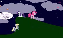 Size: 1252x750 | Tagged: safe, derpy hooves, pinkie pie, rarity, earth pony, pegasus, pony, unicorn, g4, collect cupcakes lick ponies, cupcake, dialogue, female, flash game, food, horn, mare, outdoors, platformer, youtube link