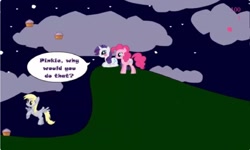 Size: 1252x750 | Tagged: safe, derpy hooves, pinkie pie, rarity, earth pony, pegasus, pony, unicorn, g4, blushing, cloud, collect cupcakes lick ponies, cupcake, dialogue, female, flash game, food, horn, lesbian, mare, night, outdoors, platformer, ship:raripie, shipping, youtube link