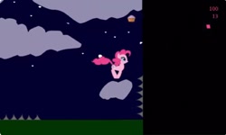 Size: 1252x750 | Tagged: safe, pinkie pie, earth pony, pony, g4, cloud, collect cupcakes lick ponies, cupcake, female, flash game, food, mare, night, outdoors, platformer, solo, youtube link