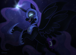 Size: 1800x1300 | Tagged: safe, artist:_rarerayy_, nightmare moon, alicorn, g4, belly, digital art, ethereal mane, ethereal tail, halloween, helmet, holiday, hoof shoes, long mane, long tail, night, nightmare night, peytral, princess shoes, rearing, spread wings, tail, wings