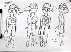 Size: 2427x1800 | Tagged: safe, artist:juninhooficial, oc, oc only, oc:juninho, earth pony, anthro, cap, character design, child, clothes, colt, foal, happy, hat, male, overalls, smiling