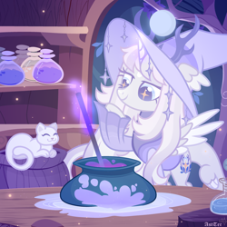 Size: 1920x1920 | Tagged: safe, artist:kabuvee, oc, oc:eluntil evergloom, alicorn, cat, pony, seraph, seraphicorn, alicorn oc, antlers, bottle, cauldron, clothes, coat markings, colored eyelashes, colored pupils, facial markings, female, hat, horn, indoors, leaves, leaves in hair, lidded eyes, long sleeves, magic, magic aura, mare, mixing, multiple wings, potion, purple eyelashes, purple pupils, raised hoof, shelf, solo, spread wings, star (coat marking), starry eyes, wing ears, wingding eyes, wings, witch hat