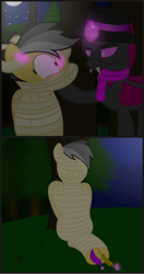 Size: 2200x4151 | Tagged: safe, artist:cardshark777, daring do, oc, oc:card shark, changeling, pegasus, pony, mlp fim's fourteenth anniversary, g4, 2 panel comic, bandage, bondage, captive, changeling oc, cloth gag, clothes, comic, daringsub, digital art, dominant, fangs, feather, female, femsub, forest, gag, glowing, glowing horn, helpless, hill, hoof on chin, hoof tickling, horn, kidnapped, looking at each other, looking at someone, magic, male, maledom, mare, mare and stallion, moon, mummification, mummified, mummy, nature, night, outdoors, over the nose gag, pink changeling, scarf, sitting, smiling, standing, stars, submissive, telekinesis, tickle torture, tickling, tied up, tree, wrapped snugly, wrapped up, wrapping