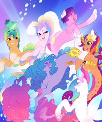 Size: 2048x2438 | Tagged: safe, artist:aztrial, destiny (g5), hitch trailblazer, izzy moonbow, misty brightdawn, pipp petals, sparky sparkeroni, sunny starscout, zipp storm, fish, seapony (g4), g5, bioluminescent, blowing bubbles, bubble, cute, female, fin wings, happy, high res, jade sea, looking at each other, looking at someone, male, mane five, mane seven (g5), mane six (g5), mane stripe sunny, mare, ocean, one eye closed, open mouth, open smile, rebirth misty, sea pony (g5), seaponified, seapony hitch trailblazer, seapony izzy moonbow, seapony misty brightdawn, seapony pipp petals, seapony sunny starscout, seapony zipp storm, smiling, smiling at each other, species swap, stallion, swimming, tail, underwater, unitober 2024, water, wings, wink