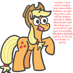 Size: 1000x1000 | Tagged: safe, artist:zoeyhorse, applejack, earth pony, pony, g4, dialogue, female, mare, open mouth, open smile, raised hoof, simple background, smiling, solo, white background, yeehaw