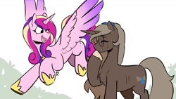 Size: 1200x675 | Tagged: safe, artist:redxbacon, princess cadance, oc, oc:parch well, alicorn, pony, unicorn, flying, horn, laughing, outdoors, ponytober, ponytober 2024, raised hoof, two toned background