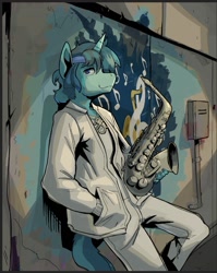 Size: 807x1013 | Tagged: safe, artist:double-zr-tap, oc, oc only, oc:rocky blues, unicorn, anthro, commissioner:legionofblues, graffiti, hand in pocket, headband, horn, jewelry, leaning on wall, male, musical instrument, pendant, saxophone, stallion, unicorn oc