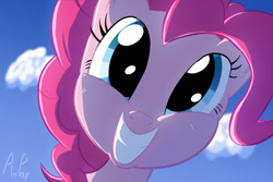 Size: 1500x1000 | Tagged: safe, artist:ace play, pinkie pie, earth pony, pony, g4, cheek fluff, female, grin, looking at you, mare, outdoors, pinkie being pinkie, smiling, smiling at you, solo, wallpaper