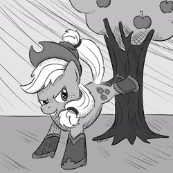 Size: 1920x1920 | Tagged: safe, artist:_butterscotch, derpibooru exclusive, applejack, earth pony, pony, g4, apple, apple tree, applebucking, applejack's hat, boots, cowboy hat, crosshatch, food, hat, inktober, inktober 2024, monochrome, outdoors, shoes, solo, tree