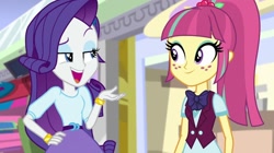 Size: 1280x718 | Tagged: safe, screencap, rarity, sour sweet, human, equestria girls, equestria girls specials, g4, my little pony equestria girls: dance magic, belt, bracelet, clothes, crystal prep academy uniform, duo, duo female, eyeshadow, female, freckles, hand on hip, jewelry, makeup, necktie, ponytail, school tie, school uniform, shirt, skirt