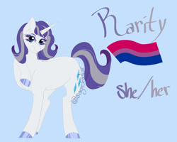 Size: 1000x800 | Tagged: safe, artist:satyrsong99, part of a set, rarity, pony, unicorn, g4, alternate design, alternate hairstyle, alternate mane color, alternate tail color, alternate tailstyle, anatomically incorrect, bisexual pride flag, blue background, blue eyeshadow, colored, colored eyebrows, colored eyelashes, colored hooves, colored lineart, description at source, ear fluff, eyeshadow, female, flat colors, hoof polish, hooves, horn, incorrect leg anatomy, looking at you, makeup, mare, pride, pride flag, pronouns, purple eyelashes, purple hooves, purple text, shiny hooves, simple background, smiling, smiling at you, solo, tail, three quarter view, two toned mane, two toned tail, unicorn horn, watermark