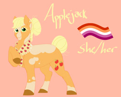 Size: 1000x800 | Tagged: safe, artist:satyrsong99, part of a set, applejack, earth pony, pony, g4, alternate design, alternate hairstyle, alternate tailstyle, anatomically incorrect, bangs, blaze (coat marking), blonde eyelashes, brown hooves, clothes, coat markings, colored, colored eyebrows, colored eyelashes, colored hooves, colored lineart, description at source, ear fluff, ear markings, facial markings, female, flat colors, granny smith's shawl, hair bun, hatless, hooves, incorrect leg anatomy, leg markings, lesbian pride flag, mare, missing accessory, orange background, pride, pride flag, pronouns, scarf, simple background, smiling, snip (coat marking), socks (coat markings), solo, splotches, standing on three hooves, tail, tail bun, three quarter view, tied mane, tied tail, watermark, yellow eyelashes, yellow text