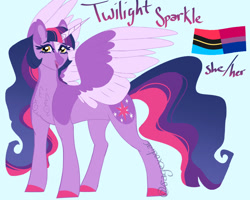 Size: 1000x800 | Tagged: safe, artist:satyrsong99, part of a set, twilight sparkle, alicorn, pony, g4, alternate design, alternate eye color, alternate hairstyle, alternate tailstyle, bangs, bilight sparkle, bisexual pride flag, blaze (coat marking), blue background, chest fluff, coat markings, colored, colored ears, colored eyelashes, colored hooves, colored horn, colored lineart, colored wings, colored wingtips, concave belly, countershading, cyan background, description at source, ear fluff, ethereal mane, ethereal tail, facial markings, flat colors, hooves, horn, long horn, long mane, long tail, looking at you, open mouth, open smile, partially open wings, pink hooves, polyamory pride flag, pride, pride flag, pronouns, purple eyelashes, purple text, purple wings, simple background, smiling, smiling at you, solo, standing, tail, thick eyelashes, three quarter view, twilight sparkle (alicorn), two toned wings, unicorn horn, watermark, wings, yellow eyes