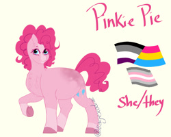 Size: 1000x800 | Tagged: safe, artist:satyrsong99, part of a set, pinkie pie, earth pony, pony, g4, alternate design, alternate hairstyle, anatomically incorrect, asexual pride flag, blaze (coat marking), chest fluff, chubby, coat markings, colored, colored eyelashes, colored hooves, colored lineart, colored muzzle, curly mane, curly tail, demigirl, demigirl pride flag, description at source, ear fluff, eyebrows, eyebrows visible through hair, eyelashes, facial markings, flat colors, hooves, incorrect leg anatomy, leg markings, looking at you, pale muzzle, pansexual pride flag, pink eyelashes, pink text, pride, pride flag, pronouns, raised hoof, simple background, smiling, smiling at you, snip (coat marking), socks (coat markings), solo, standing on three hooves, tail, three quarter view, underhoof, watermark, yellow background