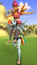 Size: 2160x3840 | Tagged: safe, artist:~stuffguy123, rainbow dash, scootaloo, pegasus, anthro, plantigrade anthro, g4, 3d, arms in the air, clothes, cloud, duo, female, field, happy, hill, older, outdoors, piggyback ride, running, sibling love, siblings, sisterly love, sisters, source filmmaker, spread wings, tree, wings