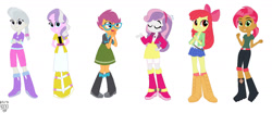 Size: 1280x532 | Tagged: safe, artist:xxdavid5000xx, apple bloom, babs seed, diamond tiara, scootaloo, silver spoon, sweetie belle, equestria girls, g4, belt, boots, clothes, cutie mark crusaders, denim, high heel boots, jeans, pants, shirt, shoes, simple background, skirt, white background