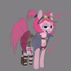 Size: 3000x3000 | Tagged: safe, artist:cakeponer, derpibooru exclusive, pinkie pie, earth pony, g4, alternate hairstyle, bandage, clothes, goggles, gray background, jacket, jewelry, knife, necklace, numget, pinkie pie's cutie mark, pinktober, ponk, ponytail, shirt, short hair, short hair pinkie pie, simple background, skirt, socks, solo, striped socks, tomboy