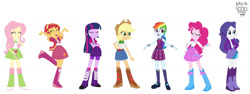 Size: 1600x604 | Tagged: safe, artist:xxdavid5000xx, applejack, fluttershy, pinkie pie, rainbow dash, rarity, sunset shimmer, twilight sparkle, human, equestria girls, g4, belt, boots, clothes, cowboy boots, cowboy hat, crossed arms, crystal prep academy uniform, eyes closed, hat, high heel boots, humane five, humane seven, humane six, jacket, school uniform, shirt, shoes, simple background, skirt, socks, vest, white background