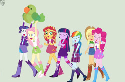 Size: 1103x724 | Tagged: safe, artist:xxdavid5000xx, applejack, fluttershy, pinkie pie, rainbow dash, rarity, sunset shimmer, twilight sparkle, human, equestria girls, g4, belt, boots, clothes, cowboy boots, cowboy hat, green background, hat, high heel boots, humane five, humane seven, humane six, jacket, shirt, shoes, simple background, skirt, socks, vest