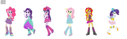 Size: 1600x490 | Tagged: safe, artist:xxdavid5000xx, fluttershy, pinkie pie, rarity, starlight glimmer, sunset shimmer, twilight sparkle, human, equestria girls, g4, boots, clothes, cowboy hat, dancing, dress, female, hat, high heel boots, shoes, simple background, top hat, white background