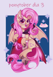 Size: 1984x2880 | Tagged: safe, artist:zackchibi, fluttershy, bat pony, pony, undead, vampire, g4, apple, bat ponified, bat wings, cape, clothes, fangs, female, flutterbat, flying, food, mare, open mouth, passepartout, race swap, signature, solo, unshorn fetlocks, wings