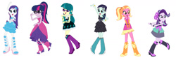 Size: 1280x438 | Tagged: safe, artist:diana173076, coloratura, juniper montage, luster dawn, rarity, sci-twi, starlight glimmer, twilight sparkle, human, equestria girls, g4, alternate hairstyle, alternate mane six, base used, character linup, dancing, fall formal outfits, female, group, recolor, sextet, simple background, solo, white background