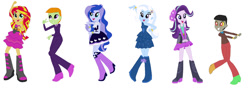 Size: 1280x456 | Tagged: safe, artist:diana173076, discord, princess luna, starlight glimmer, sunset shimmer, thorax, trixie, human, equestria girls, g4, clothes, dancing, dress, equestria girls-ified, female, male, simple background, suit, white background