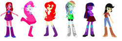 Size: 1280x432 | Tagged: safe, artist:diana173076, applejack, fluttershy, pinkie pie, rainbow dash, rarity, twilight sparkle, human, elements of insanity, equestria girls, g4, belt, boots, clothes, cowboy boots, cowboy hat, hat, high heel boots, jacket, pinkamena diane pie, shirt, shoes, simple background, skirt, socks, vest, white background