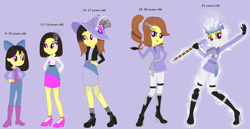 Size: 1280x662 | Tagged: safe, artist:sarahalen, oc, oc only, equestria girls, g4, age progression, black hair, boots, bow, brown hair, child, clothes, cute, dyed hair, forbidden spinjitzu, freshman, hat, high heel boots, jacket, lego, lego ninjago, ninja, ocbetes, older, pants, ponytail, preteen, purple eyes, shirt, shoes, short hair, skirt, solo, sun hat, teenager, two toned hair