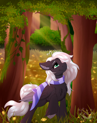 Size: 3000x3800 | Tagged: safe, artist:decemberbreeze, oc, oc only, oc:december breeze, pegasus, pony, autumn, clothes, crepuscular rays, forest, freckles, nature, outdoors, pegasus oc, scarf, solo, tree