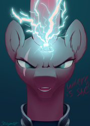 Size: 2500x3500 | Tagged: safe, artist:stalagsmith17, tempest shadow, pony, unicorn, g4, my little pony: the movie, broken horn, bust, dialogue, eye scar, facial scar, female, glowing, glowing horn, gradient background, horn, mare, narrowed eyes, open mouth, portrait, scar, signature, slender, solo, thin