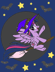 Size: 718x934 | Tagged: artist needed, source needed, safe, twilight sparkle, alicorn, bat, pony, g4, broom, flying, flying broomstick, hat, solo, spread wings, stars, twilight sparkle (alicorn), wings, witch, witch hat