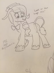 Size: 1536x2048 | Tagged: safe, artist:pony quarantine, oc, oc only, donkey, bowtie, butt, donkey oc, female, grayscale, looking back, monochrome, necktie, non-pony oc, pencil drawing, plot, solo, traditional art, unshorn fetlocks