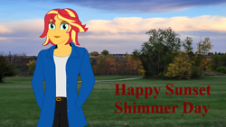 Size: 4000x2252 | Tagged: safe, artist:tyler3967, sunset shimmer, human, equestria girls, g4, autumn, blue, clothes, jacket, older sunset shimmer, outdoors, pants, photography, real life background, solo