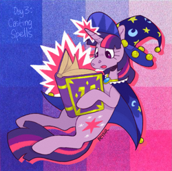 Size: 899x894 | Tagged: safe, artist:beyhr, twilight sparkle, pony, unicorn, g4, bangs, book, brooch, cape, clothes, costume, eyelashes, female, glowing, glowing horn, hat, horn, jewelry, looking at something, magic, mare, open book, open mouth, patterned background, ponytober, ponytober 2024, purple coat, purple eyes, reading, signature, solo, star swirl the bearded costume, straight mane, straight tail, surprised, three quarter view, three toned mane, three toned tail, unicorn horn, unicorn twilight, white text, wizard hat