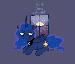 Size: 645x547 | Tagged: safe, artist:beyhr, princess luna, alicorn, pony, a royal problem, g4, my little pony: friendship is magic, bags under eyes, beanbrows, big eyes, blue coat, blue eyes, curved horn, cutie mark swap, dawn, digital art, ethereal mane, ethereal tail, eyebrows, female, floppy ears, folded wings, frown, horn, long horn, looking away, looking back, lying down, mare, missing accessory, no catchlights, no pupils, peytral, pixel art, ponytober, ponytober 2024, prone, signature, solo, starry mane, starry tail, tail, tired, unicorn horn, wavy mane, wavy tail, window, wings