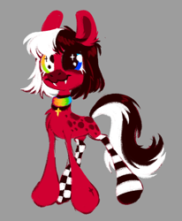 Size: 1646x2000 | Tagged: safe, artist:peaceandlove26, artist:twinklewish, oc, oc only, oc:domino checkerchip, earth pony, pony, 2021, bangs, big eyes, big hooves, black and white mane, black and white tail, bobcut, coat markings, collar, colored pinnae, cross, ear fluff, earth pony oc, eyelashes, facial markings, fangs, female, female oc, gray background, heterochromia, hoof fluff, leg markings, long tail, mare, mare oc, mismatched eyes, multicolored eyes, old art, red coat, shiny mane, shiny tail, short hair, simple background, smiling, snip (coat marking), solo, spots, standing, tail, thin, three quarter view, two toned mane, two toned tail, white eyelashes