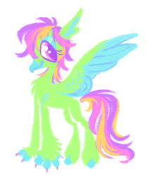 Size: 1600x1790 | Tagged: safe, artist:peaceandlove26, oc, oc only, classical hippogriff, hippogriff, 2021, beak, big eyes, claws, colored claws, colored eyebrows, colored eyelashes, colored hooves, colored pinnae, colored pupils, colored wings, colored wingtips, colorful, eyelashes, eyeshadow, feather, feathered wings, green feathers, hippogriff oc, hooves, lidded eyes, lineless, makeup, multicolored hair, multicolored tail, old art, profile, purple eyelashes, purple pupils, simple background, smiling, solo, standing, tail, teal eyeshadow, teal wingtips, two toned ears, two toned wings, white background, wings, wolf cut