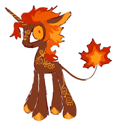 Size: 1602x1724 | Tagged: safe, artist:peaceandlove26, oc, oc only, oc:fierce fall, pony, unicorn, 2021, autumn, big eyes, big head, blank flank, brown coat, coat markings, colored hooves, colored pinnae, colored pupils, facial markings, filigree, floppy ears, hooves, horn, leg markings, leonine tail, long ears, long horn, no catchlights, old art, orange eyes, orange hooves, profile, red pupils, shiny hooves, shrunken pupils, simple background, solo, spiky mane, standing, striped horn, tail, thin, thin tail, three toned mane, three toned tail, unicorn horn, unicorn oc, unique tail, white background