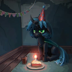 Size: 2000x2000 | Tagged: safe, artist:impamy, oc, oc only, oc:changeling filly anon, oc:filly anon, changeling, changeling queen, nymph, birthday, birthday cake, blue mane, cake, cake slice, changeling oc, changeling queen oc, changelingified, cute, darkness, digital art, eyelashes, fangs, female, filly, floppy ears, foal, food, green eyes, hat, horn, indoors, party hat, sad, solo, species swap