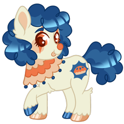 Size: 1142x1146 | Tagged: safe, artist:peaceandlove26, oc, oc only, oc:honky tonk, pony, unicorn, g4, 2021, base used, blue mane, blue tail, brown pupils, clown, clown nose, colored eyebrows, colored eyelashes, colored lineart, colored pinnae, colored pupils, cream coat, curly mane, curly tail, ear fluff, eyelashes, hidden horn, hock fluff, hoof polish, horn, looking at you, makeup, nonbinary, nonbinary oc, old art, orange eyes, raised hoof, red nose, red pupils, ruff (clothing), shiny hooves, short legs, show accurate, smiling, smiling at you, solo, standing on three hooves, tail, tongue out, turned head, two toned mane, two toned tail, unicorn oc, unshorn fetlocks, yellow coat