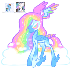 Size: 1379x1316 | Tagged: safe, artist:peaceandlove26, princess celestia, rainbow dash, oc, oc only, unnamed oc, pegasus, pony, 2012, agender, beanbrows, blank flank, blue pupils, blue wings, coat markings, colored eyebrows, colored lineart, colored muzzle, colored pinnae, colored pupils, colored wings, colored wingtips, dark muzzle, dashlestia, ear fluff, ethereal mane, ethereal tail, eyebrows, facial markings, feathered fetlocks, female, folded wings, leg markings, leg wings, lesbian, long legs, long mane, long tail, magical lesbian spawn, mottled, multicolored eyes, multicolored hair, multicolored wings, narrowed eyes, no catchlights, offspring, old art, parent:princess celestia, parent:rainbow dash, parents:dashlestia, pegasus oc, profile, rainbow ears, rainbow hair, rainbow tail, rainbow wings, rainbow wingtips, reference used, shipping, simple background, solo, sparkly mane, sparkly tail, splotches, standing, tail, thin legs, three toned eyes, white background, white eyelashes, wing ears, wings